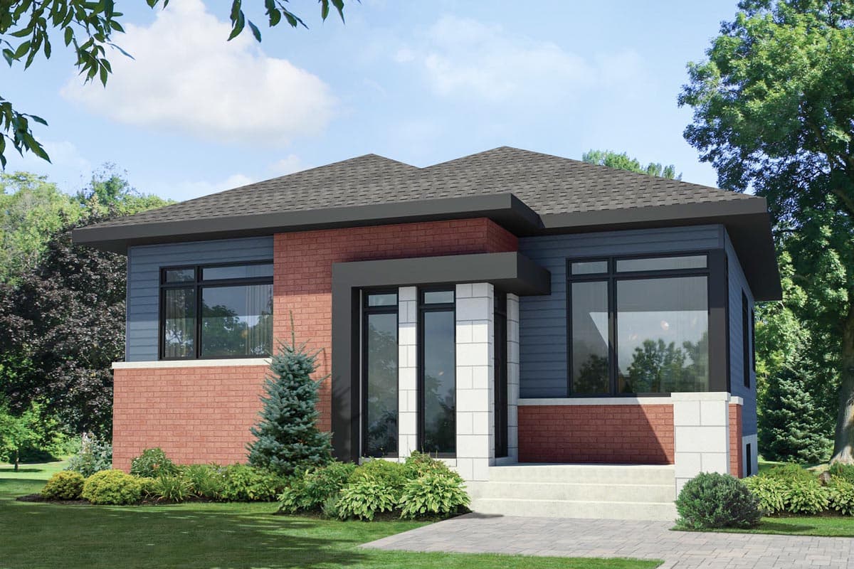 House plan exterior. Modern style, one-story home with flat roof and brick facade. Features include a covered entry and large picture windows.