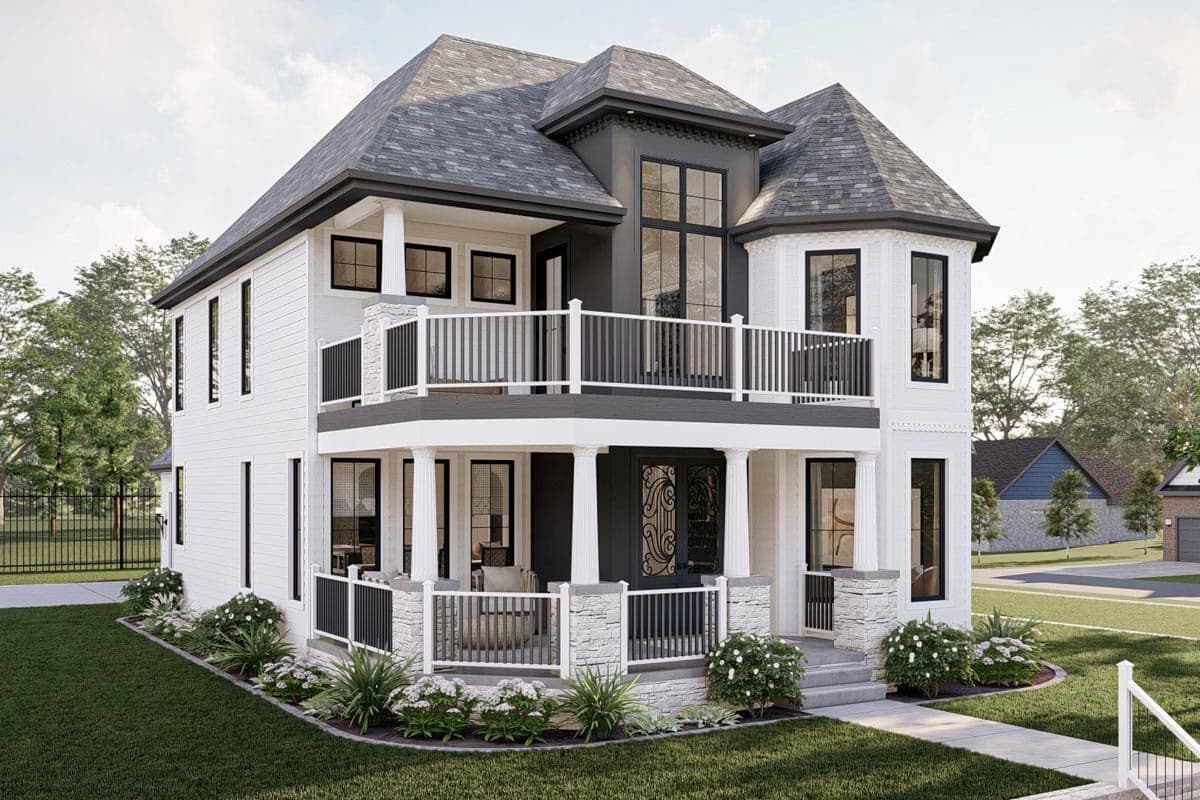 House plan exterior of a two-story Modern Farmhouse with a wraparound porch, bay window, and prominent gables.