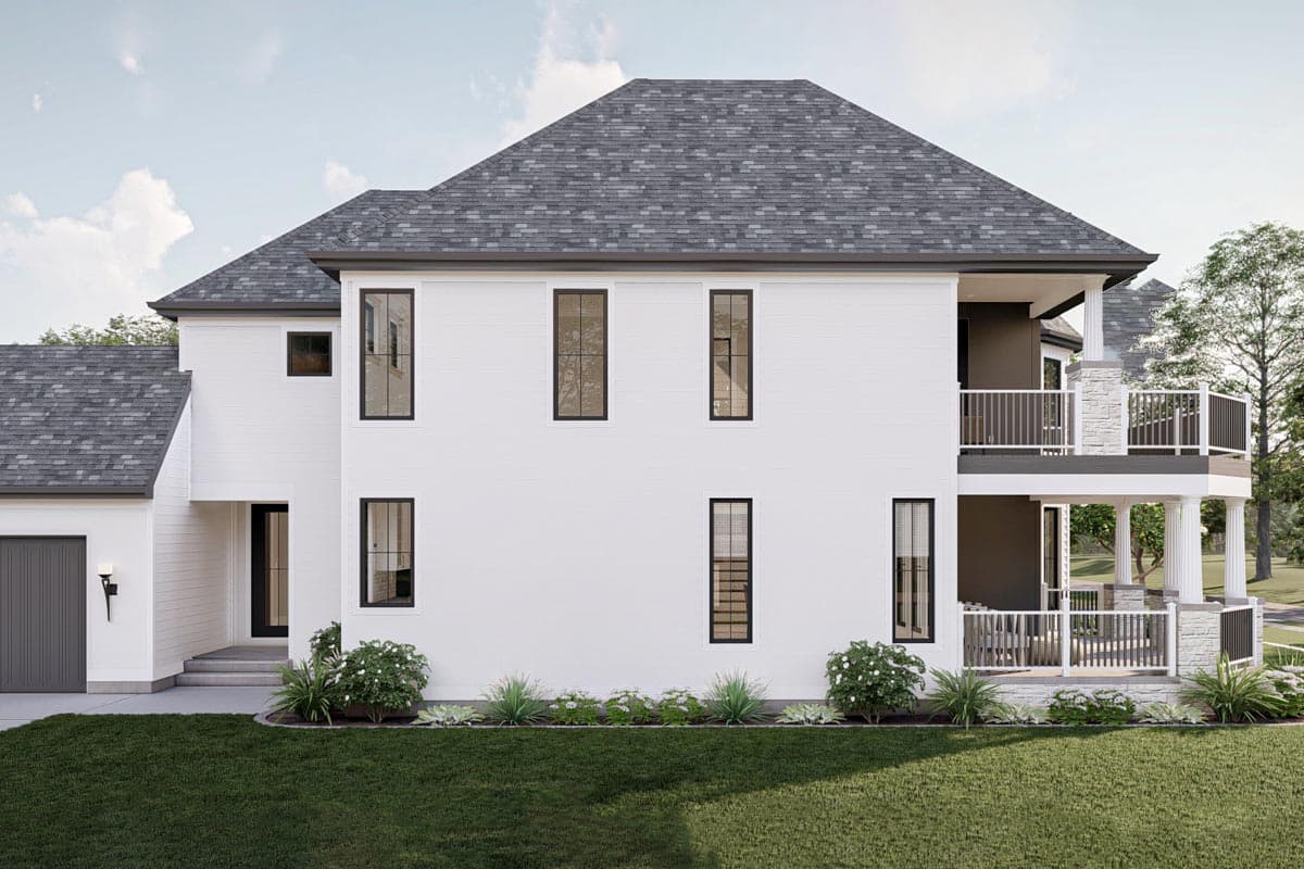 House plan exterior: Two-story modern home with white siding, multiple gables, dark-framed windows, and multi-level balconies.