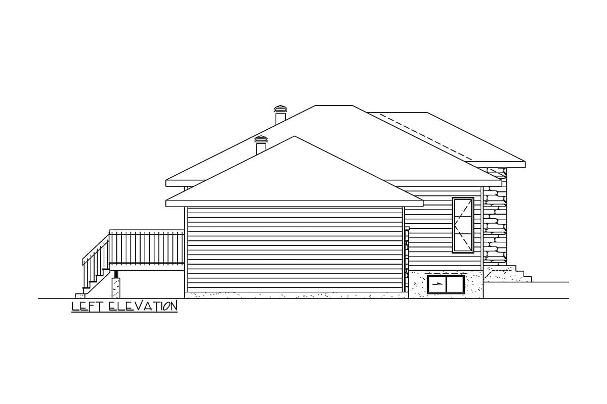 Left elevation of a house plan showing horizontal siding, stone accents, a deck with stairs, and pitched roof with dormers.
