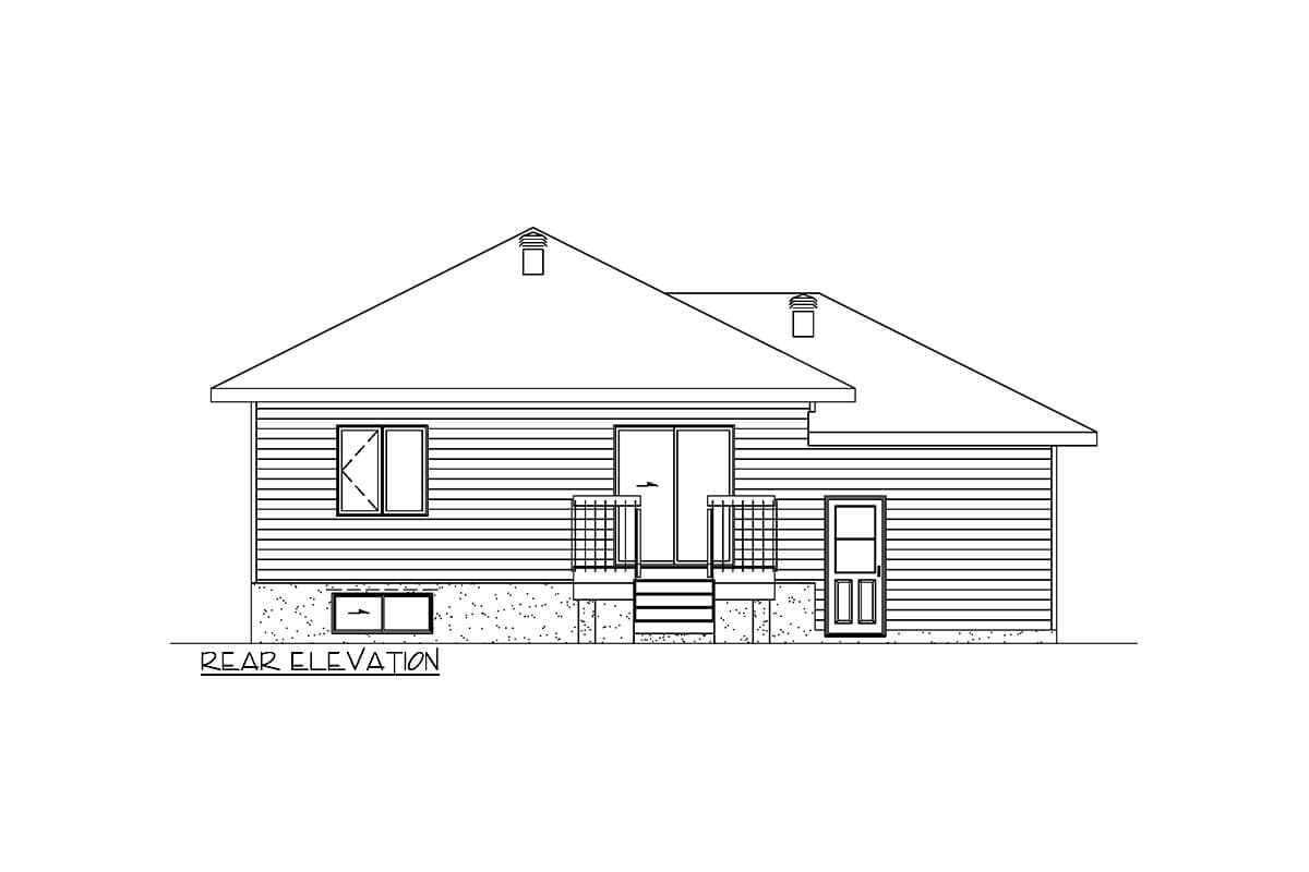 Rear elevation drawing of a house with horizontal siding, a deck, two windows, and two doors.