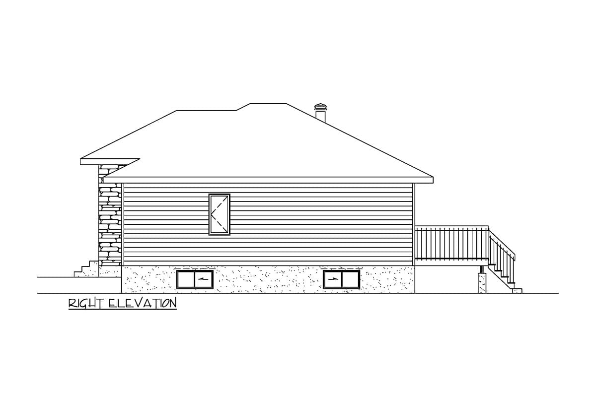 Right elevation house plan showing horizontal siding, stone foundation, one window on the main level, two basement windows, and a deck with stairs.