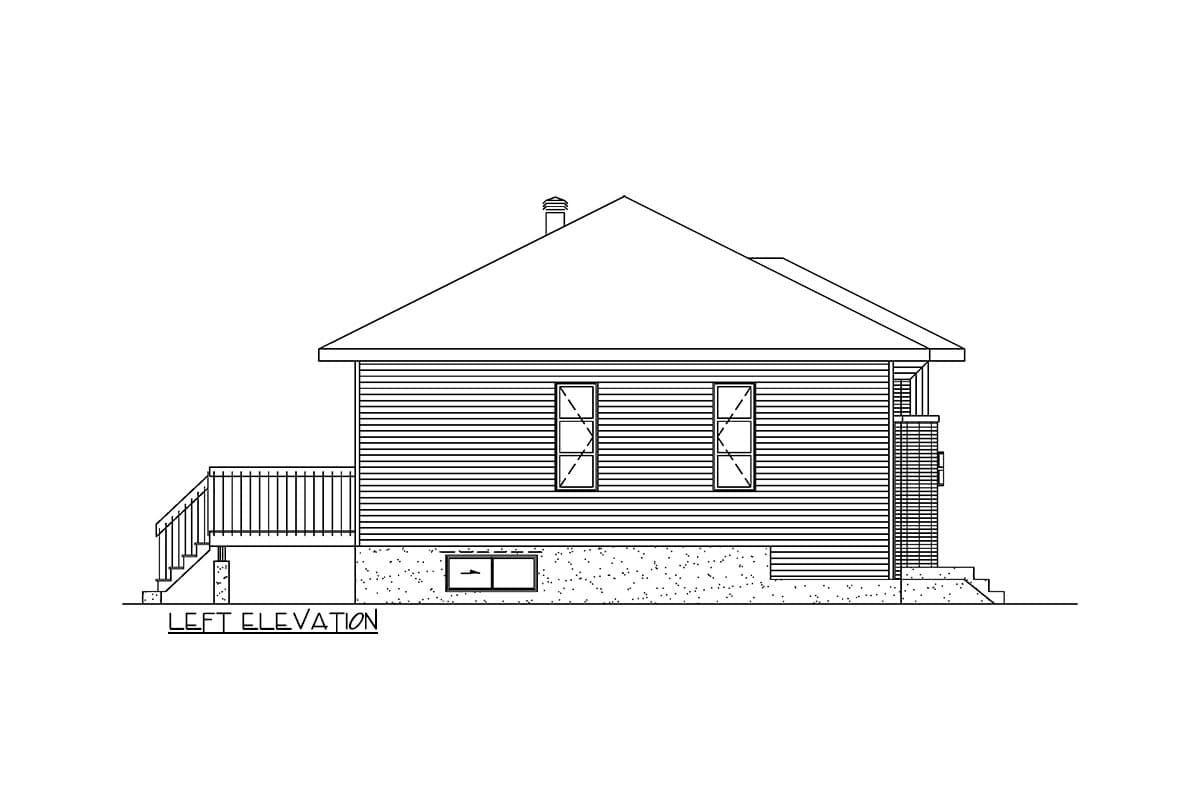 Left elevation drawing of a house plan showing siding, windows, a deck, and stairs.