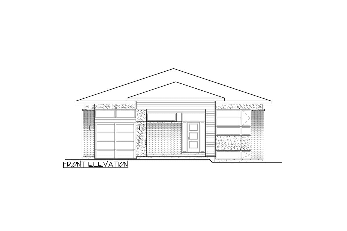 Front elevation drawing of a single-story house with a two-car garage, central entrance, and modern window design.