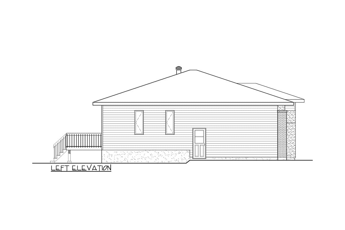 Left elevation house plan showing horizontal siding, a door, two windows, a deck, and a sloped roofline.