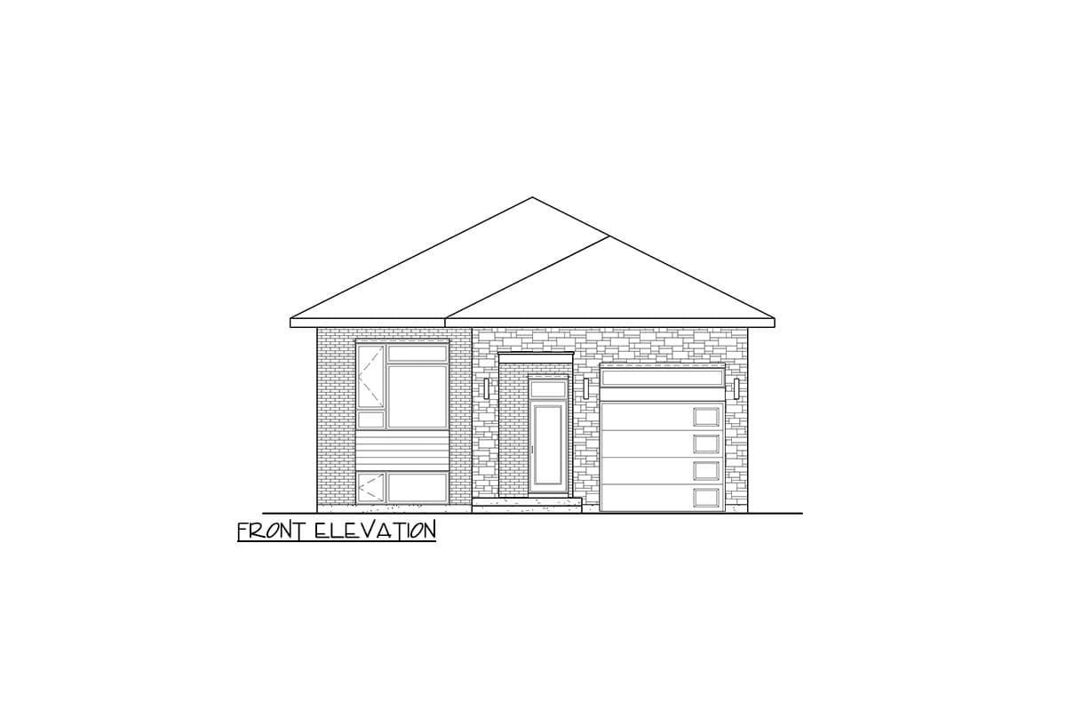 Front elevation drawing of a one-story house with a pitched roof, stone facade, large window, and attached garage.