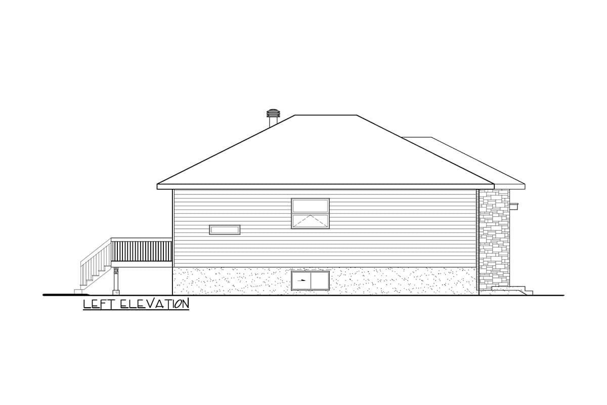 Left elevation drawing of a house plan showing a siding exterior, pitched roof, deck, and stone foundation accents.