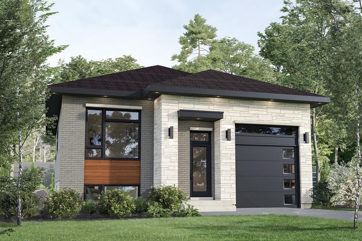 House plan exterior. Modern style, one-story home with flat roof, recessed entry, and attached garage with paneled door.