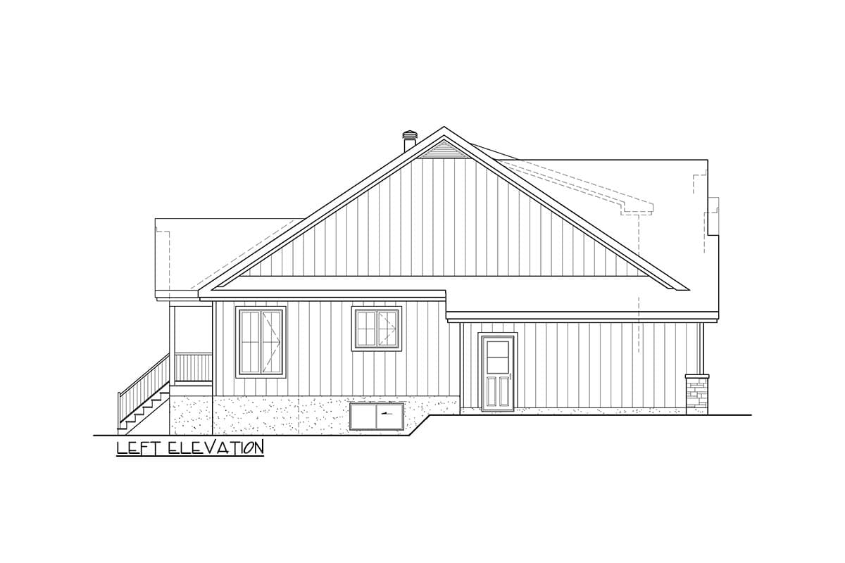 Left elevation house plan showing a gable roof, porch with stairs, two windows, and a door.