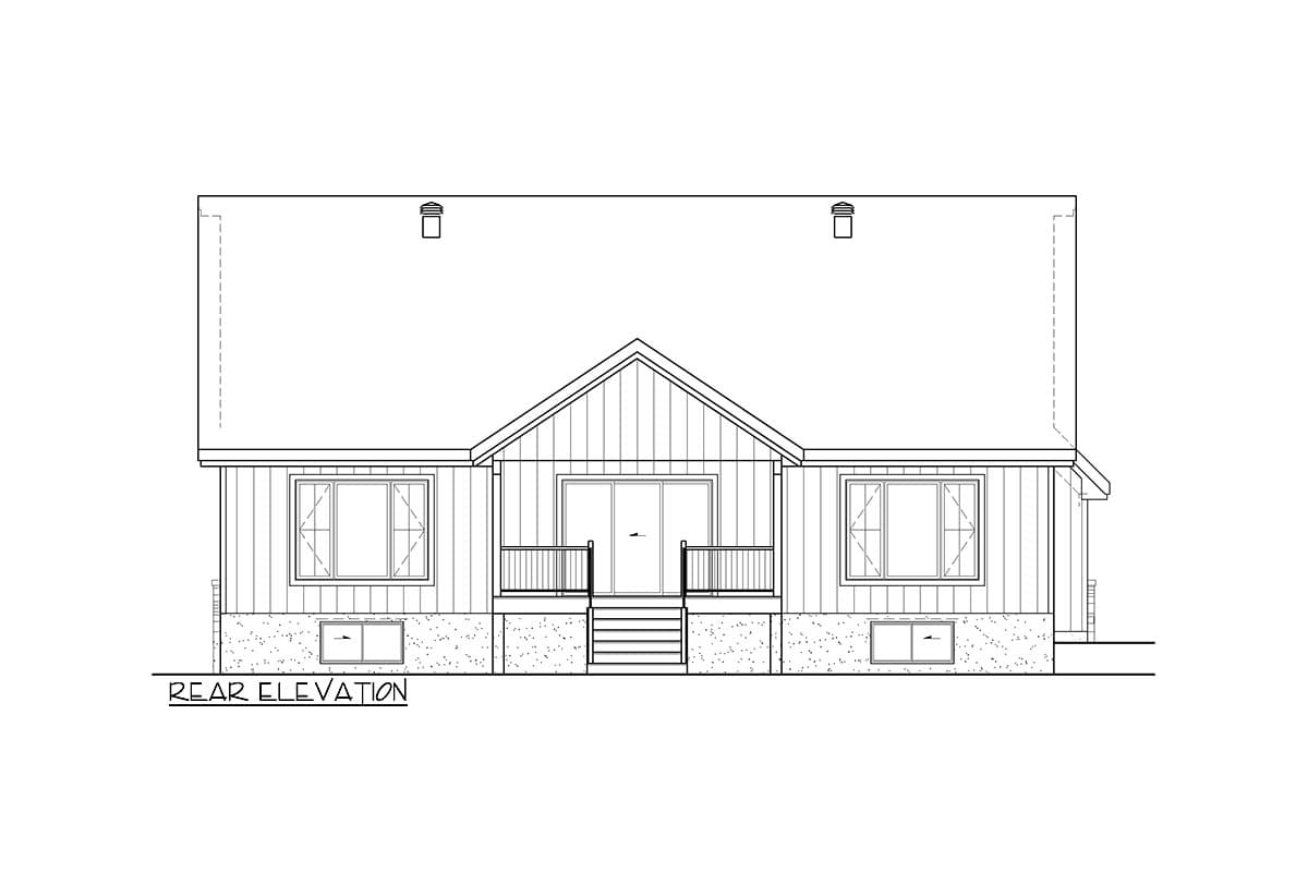 Rear elevation drawing showing a single-story house with a gabled central dormer, two windows, and a covered porch with steps.