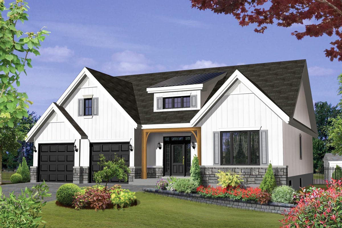 House plan exterior in a Modern Farmhouse style. Features include gables, a front porch with timber posts, and a two-car garage.