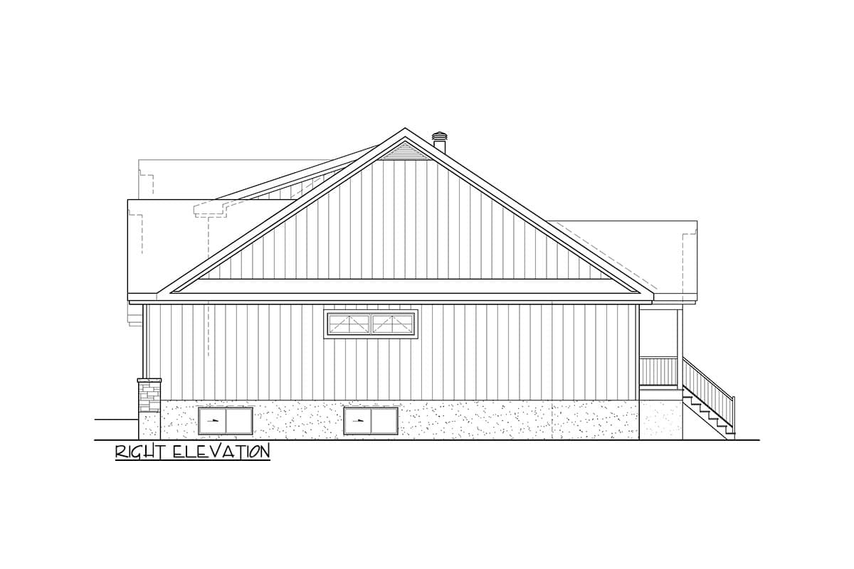 Right elevation drawing of a house plan, showing gables, a porch, and a stepped foundation.
