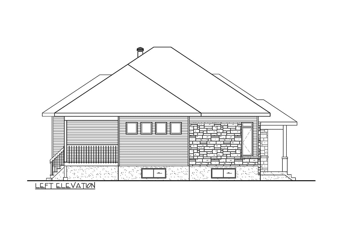 Left elevation house plan: single-story home with hip roof, side porch, horizontal siding, stone veneer, and multiple windows.