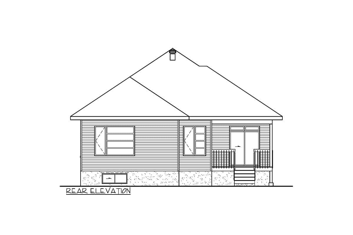 Rear elevation house plan drawing showing a pitched roof, horizontal siding, two windows, a door with a small porch and steps.