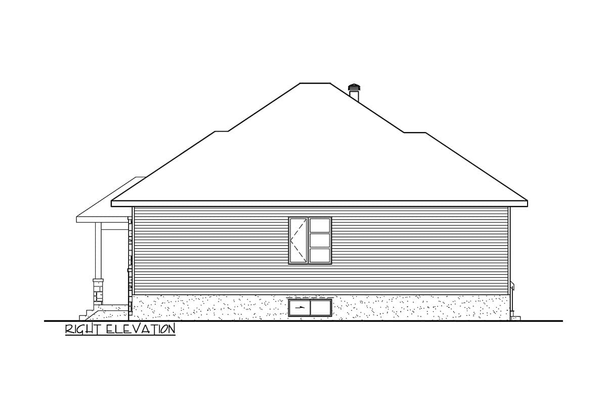 Right elevation drawing of a house with siding, a hip roof, a chimney, and a small porch.