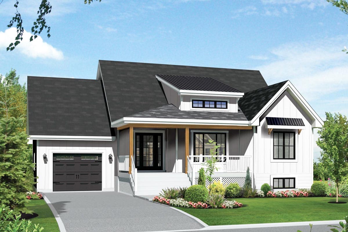 House plan exterior with two stories. Features include a front porch, gables, a dormer, and a detached garage.