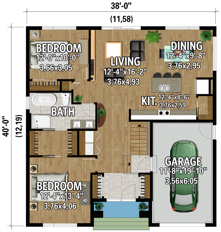 Plan 801031PM: 2-Bed Transitional-Style House Plan Under 1200 Square Feet with 1-Car Garage - Floor Plan - Main Level - Contemporary, New American, Transitional