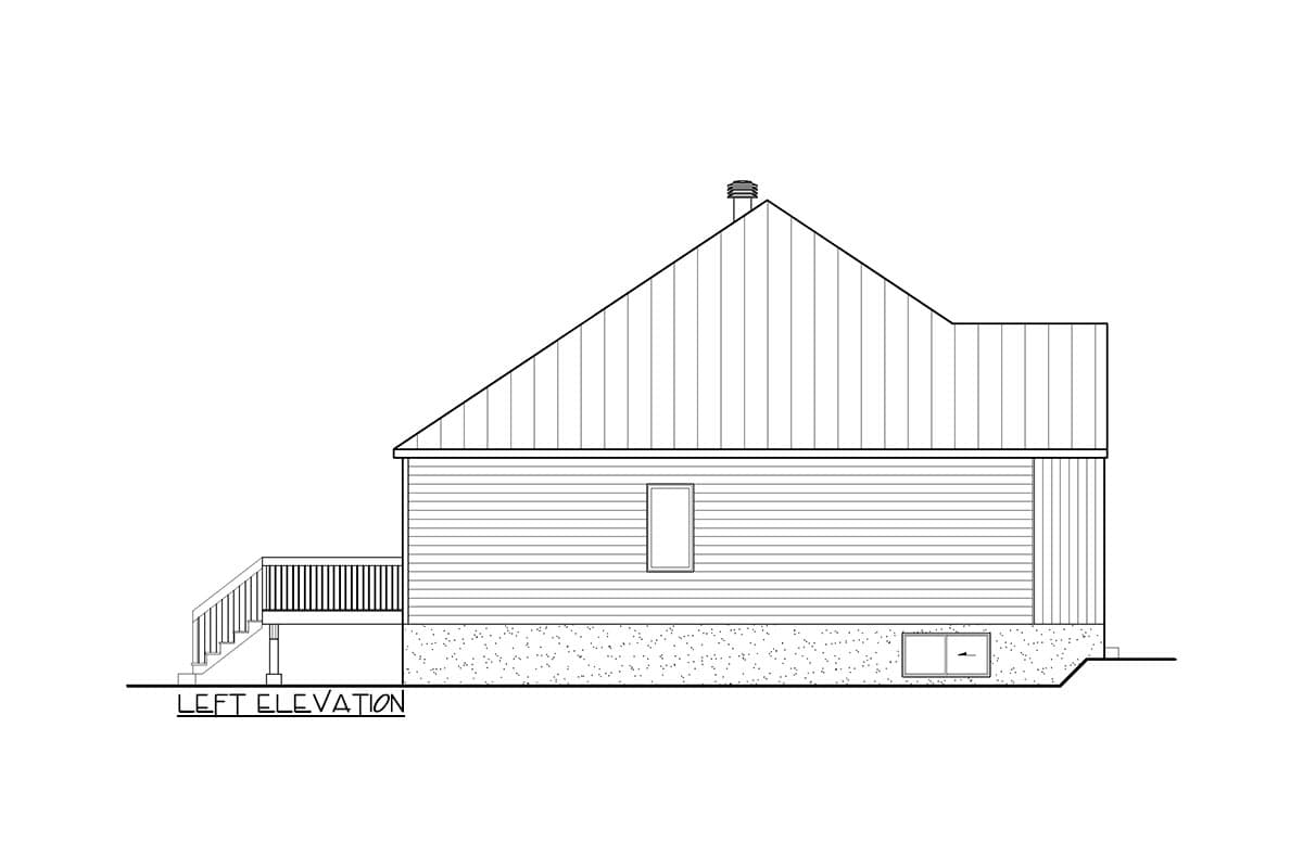 Left elevation drawing of a house plan showing siding, a shed roofline, deck with stairs, and a basement window.