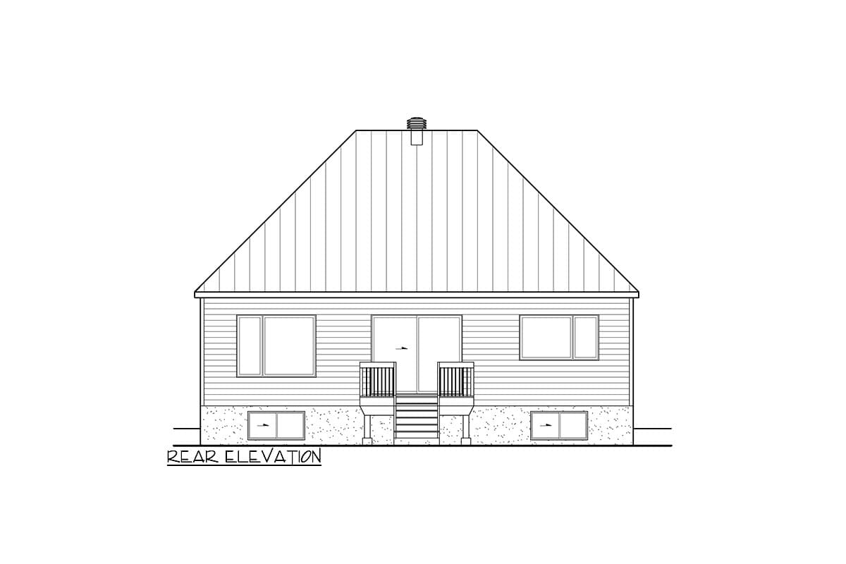 Rear elevation drawing of house plan with horizontal siding, large gable roof, sliding doors, and raised foundation.