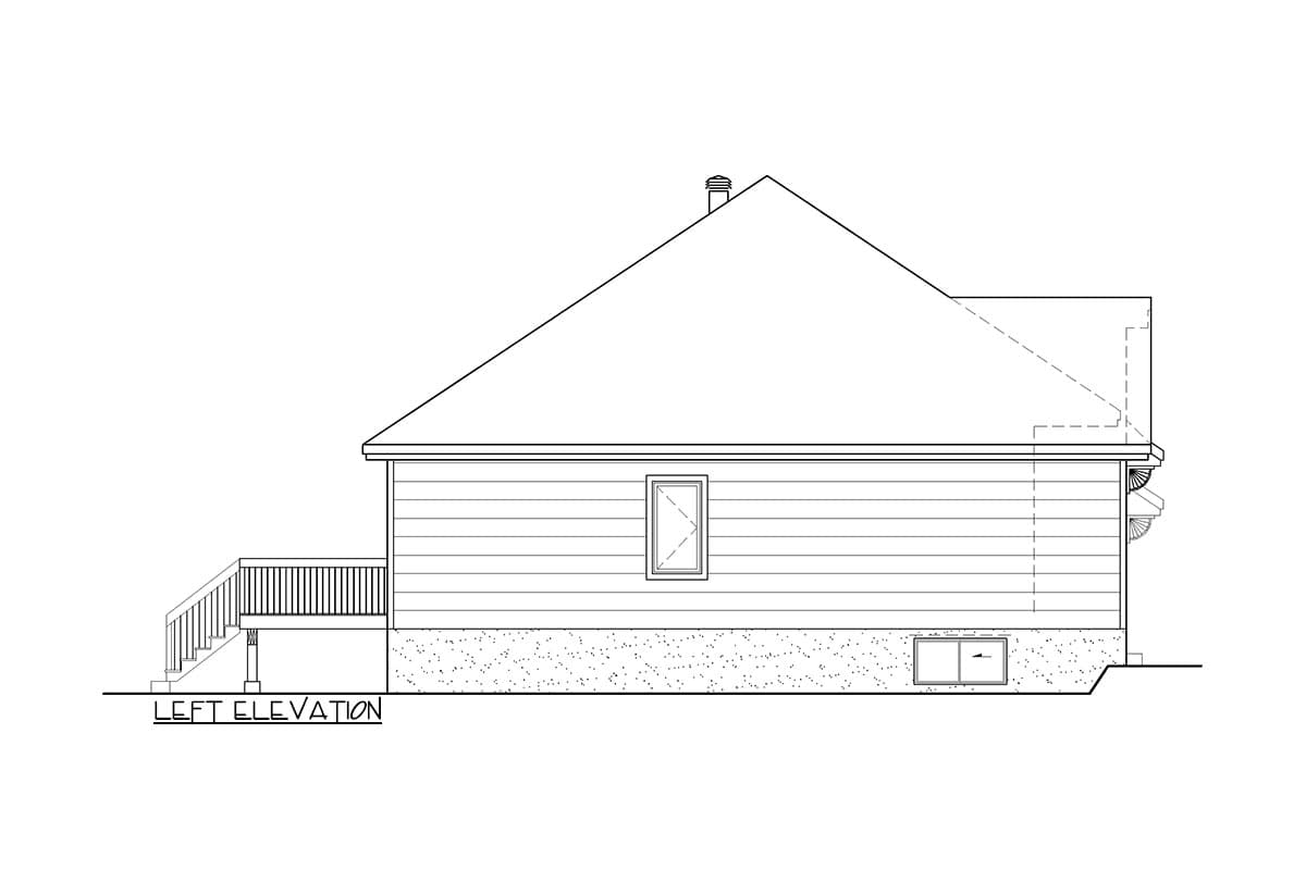 Left elevation drawing of a house plan showing a gable roof, siding, a deck with stairs, and a basement window.