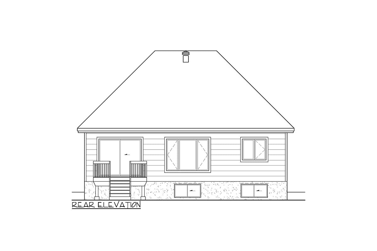 Rear elevation drawing of a house plan, featuring a large gable roof, sliding glass doors, multiple windows, and a porch with stairs.