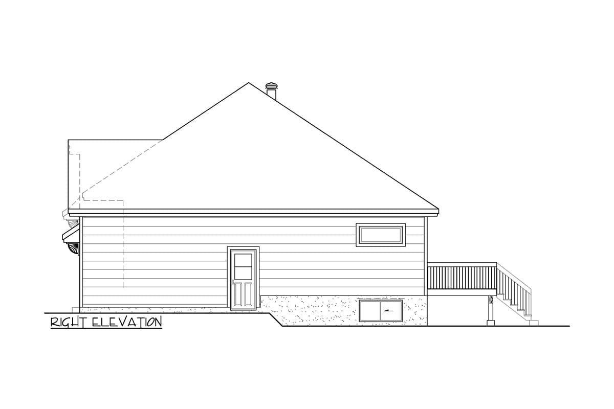 Right elevation house plan drawing showing a side view with a pitched roof, siding, door, windows, and deck.