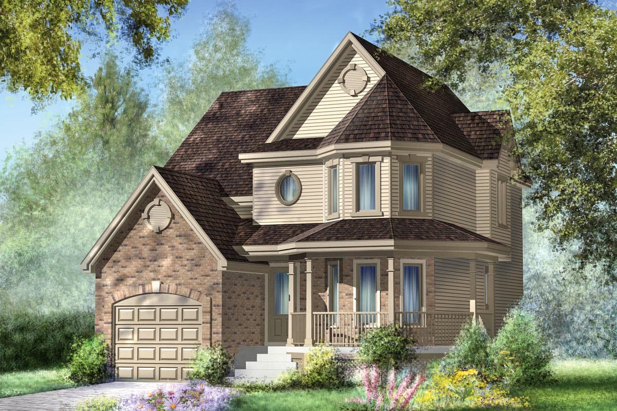 House plan exterior with two stories. Features include a front porch, gables, a circular window, and a brick facade with an attached garage.