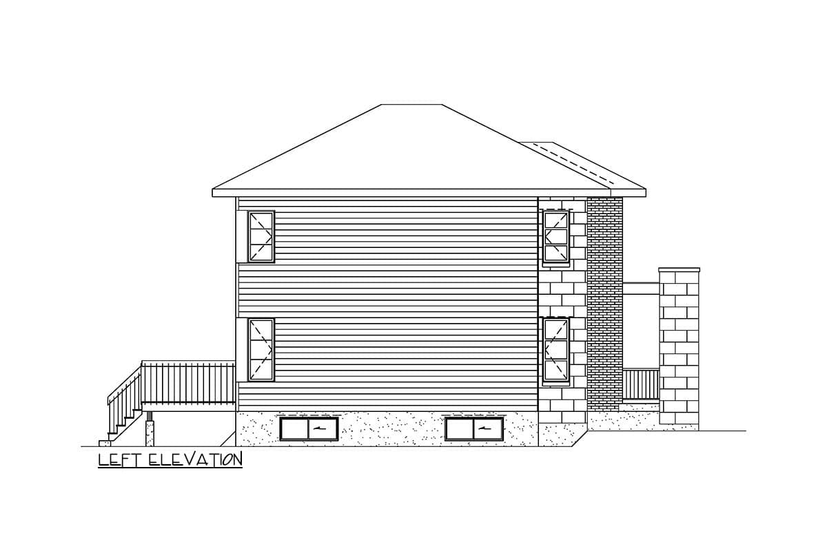 Left elevation house plan shows siding, brick chimney, deck, and basement windows.