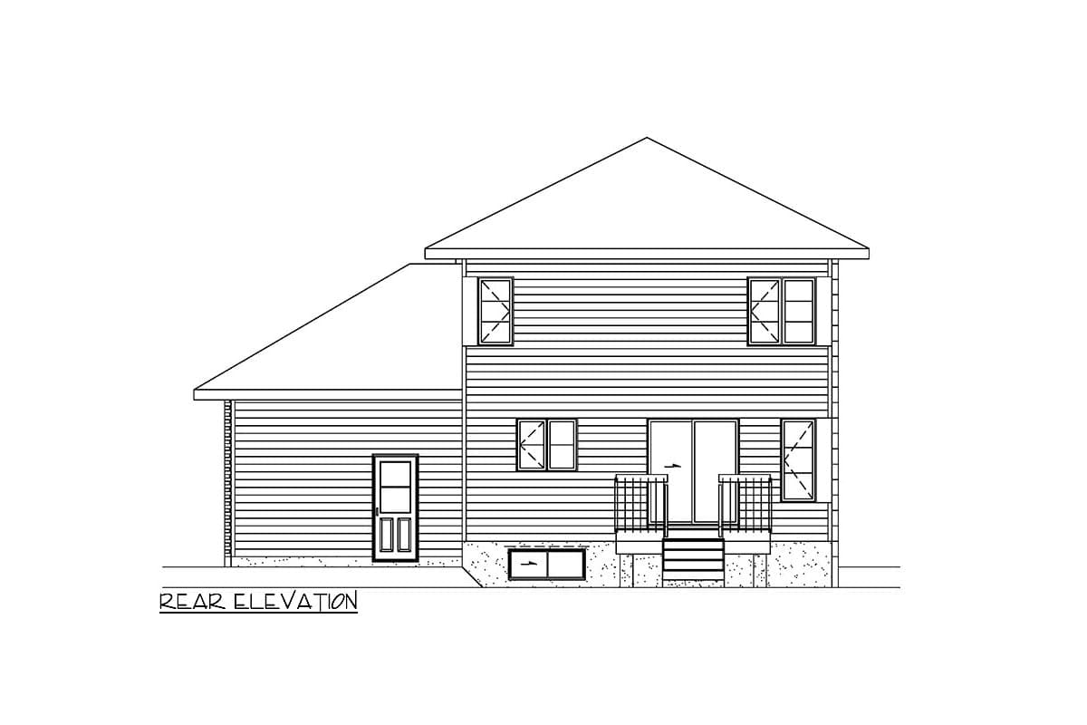 Rear elevation house plan drawing showing two stories, horizontal siding, a prominent gable roof, and a back door with stairs and railing.