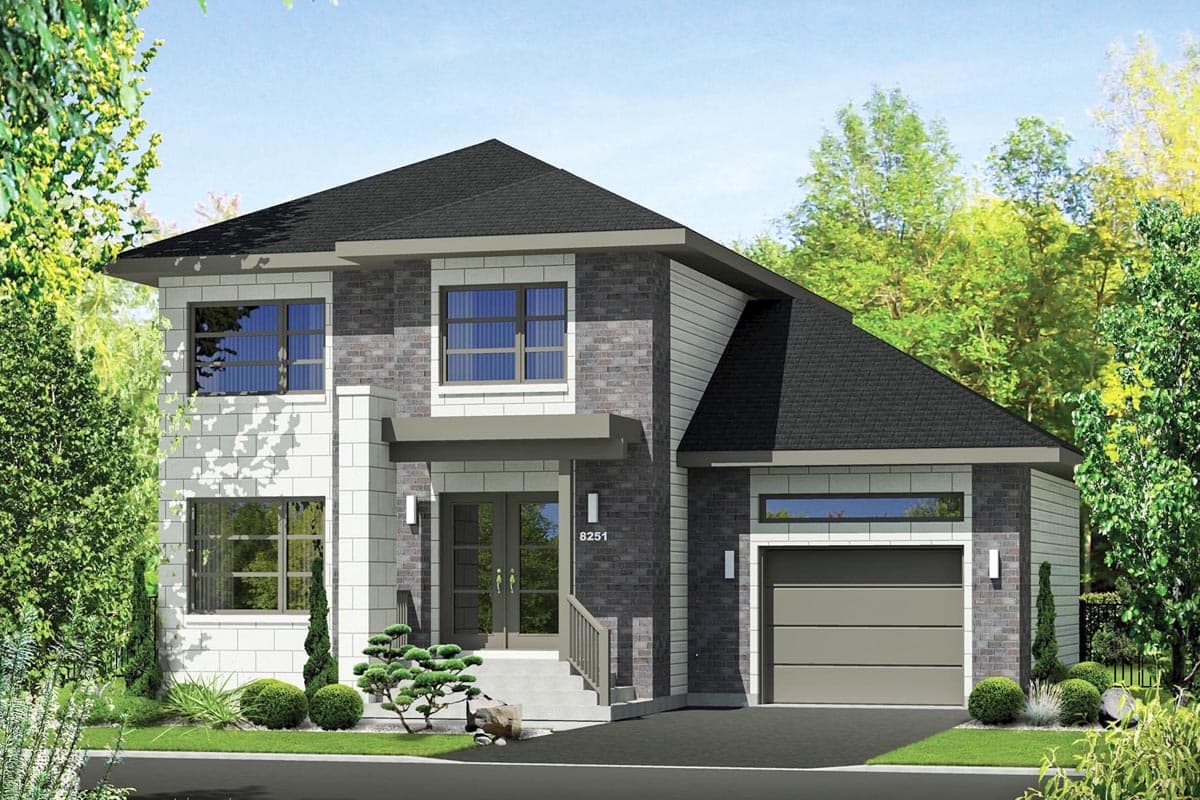 House plan exterior. Two-story Modern house with a hipped roof, brick and siding facade, covered entry, and attached garage.