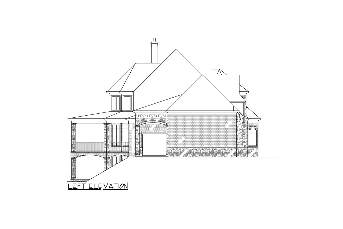 Left elevation drawing of a two-story house plan with brick and stone exterior, covered porch, and garage.