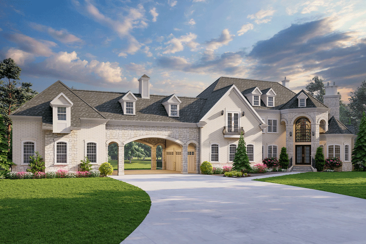 House plan exterior with two stories, dormers, arched porte-cochere, and a stone facade. Includes a curved driveway and a cupola.
