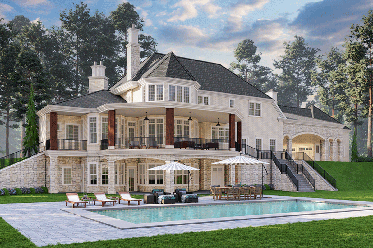 House plan exterior, multi-story home with stone foundation, covered balconies, and an arched garage entrance.