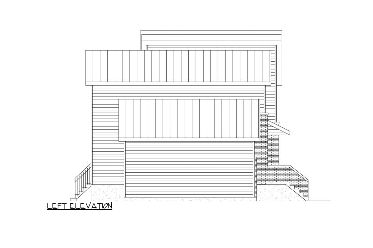 Left elevation drawing of a house plan with horizontal siding, brick chimney, and sloped rooflines.
