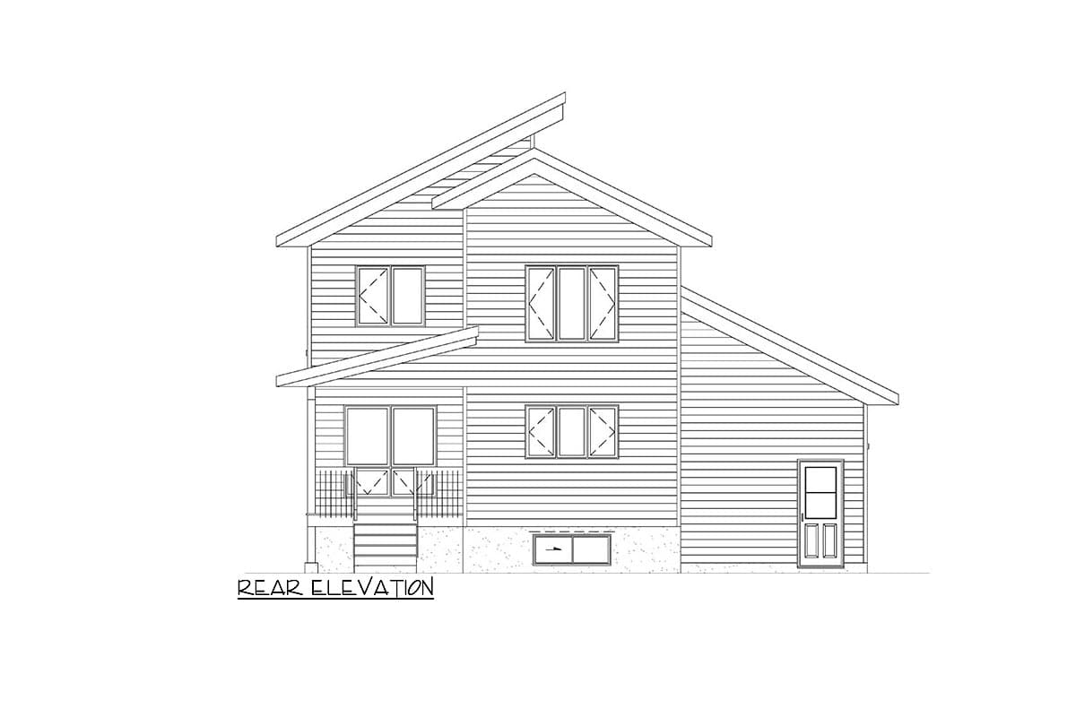 Rear elevation drawing of a two-story house plan with varied rooflines, a small porch, and attached garage.