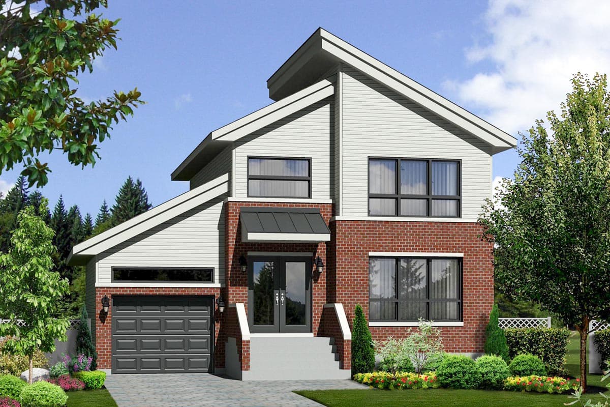 House plan exterior. Two-story modern home with brick facade, gable roof, and attached garage. Includes a covered entryway.