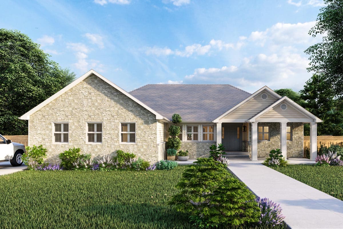 House plan exterior. One-story Ranch style home with gabled roof, stone facade, and covered front porch with columns.