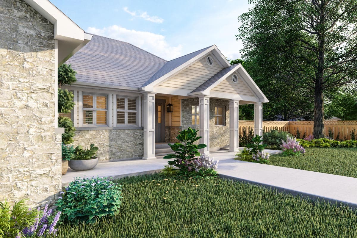 House plan exterior: one-story home with stone facade, gable roof, and covered front porch supported by square columns.
