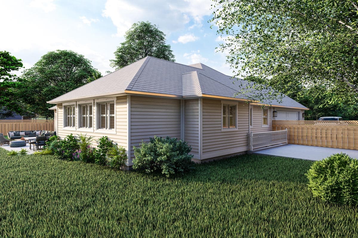 House plan exterior: single-story dwelling with horizontal siding, multiple gables, and a low-pitched roof.