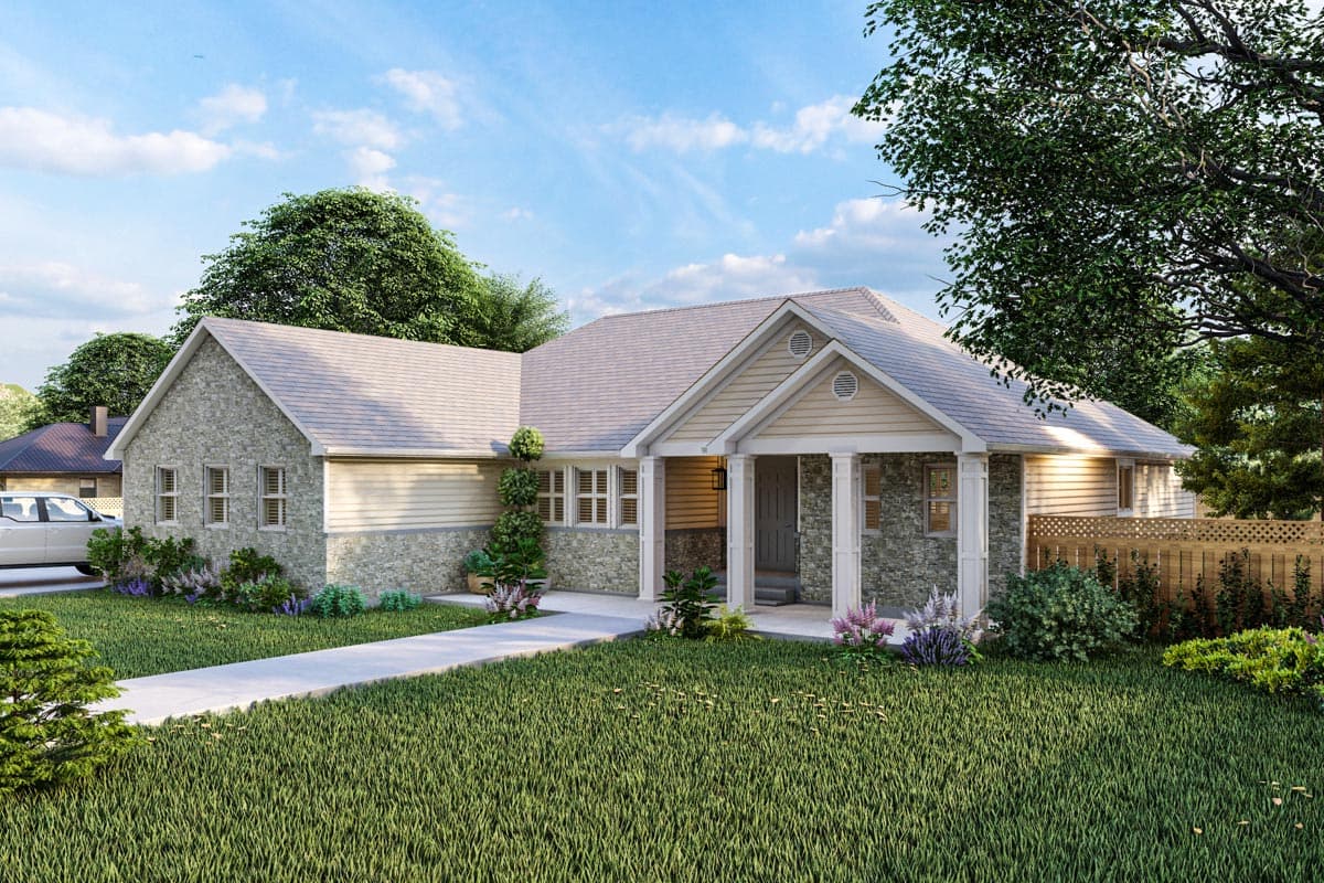 Ranch house plan exterior with stone facade, prominent gable, and covered front porch with columns.