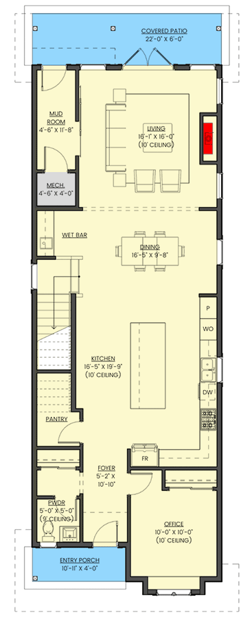 Plan 330000WLE: 22-Foot-Wide 4-Bedroom Farmhouse Plan - Floor Plan - Main Level - Country, Craftsman, Farmhouse, New American