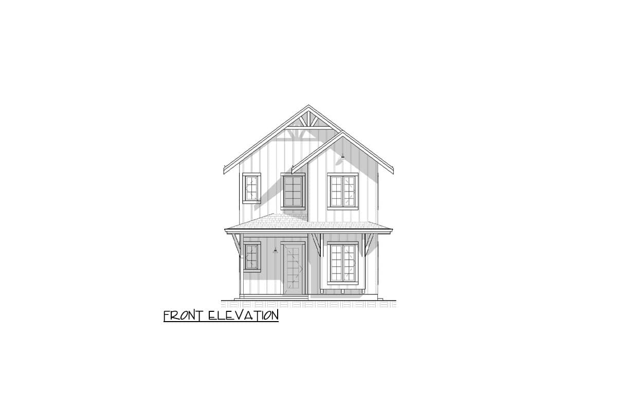 Front elevation drawing of a two-story house with a gabled roof, porch, and multiple windows.