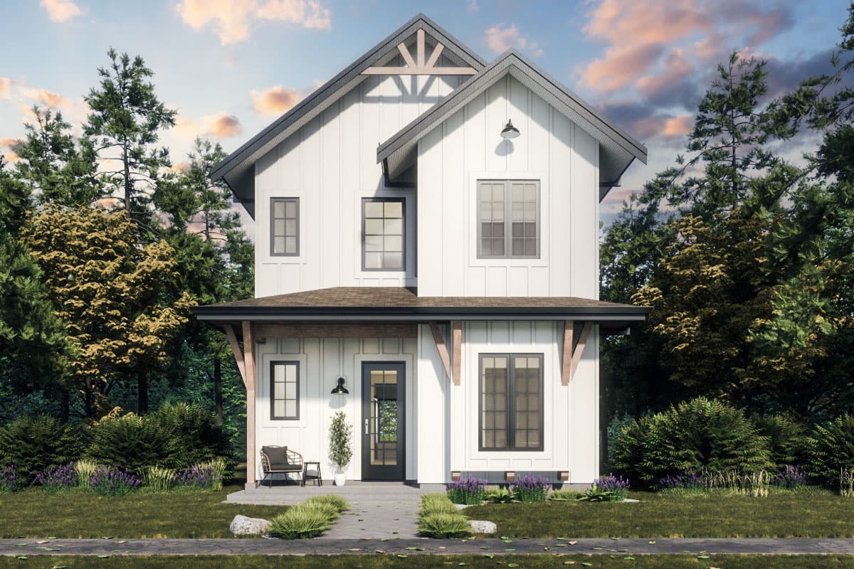 House plan exterior. Modern Farmhouse style, two-story home with gable roof, covered porch, and exposed rafter tails.