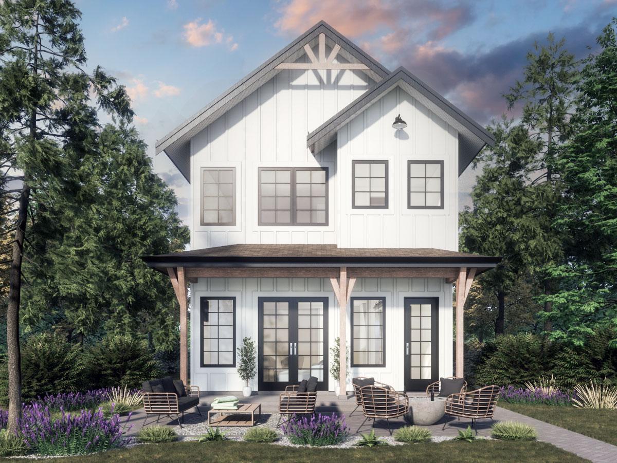 Modern Farmhouse house plan exterior with board and batten siding, gables, and covered porch with wooden beams.