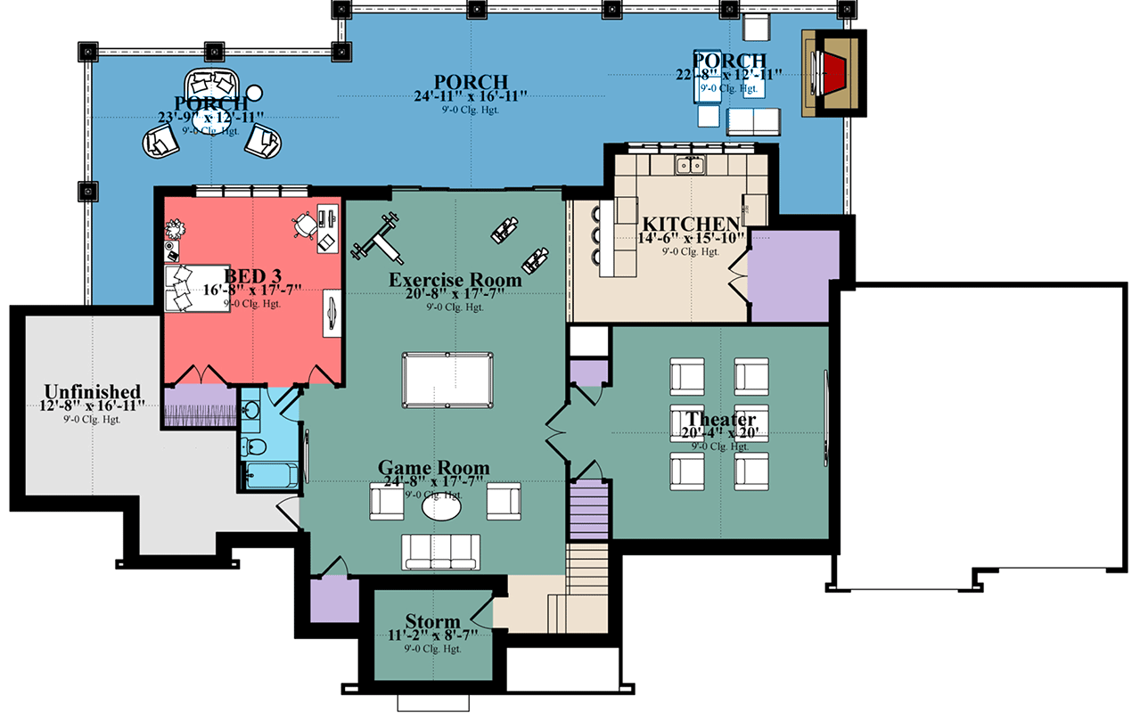 Plan 86373HH: Transitional European House Plan with Finished Basement and Large Rear Porches - Floor Plan - Lower Level - European, Southern, Traditional, Transitional
