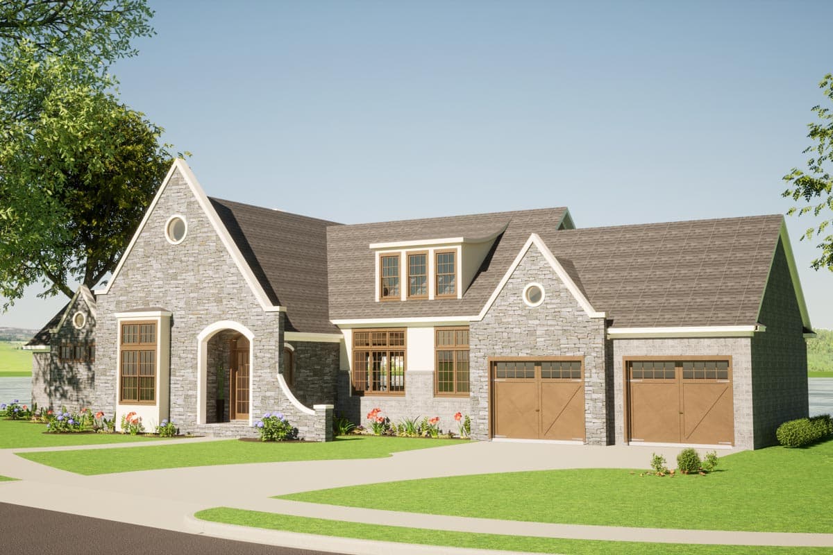 House plan exterior: Stone facade, arched entry, dormer windows, and a three-car garage.