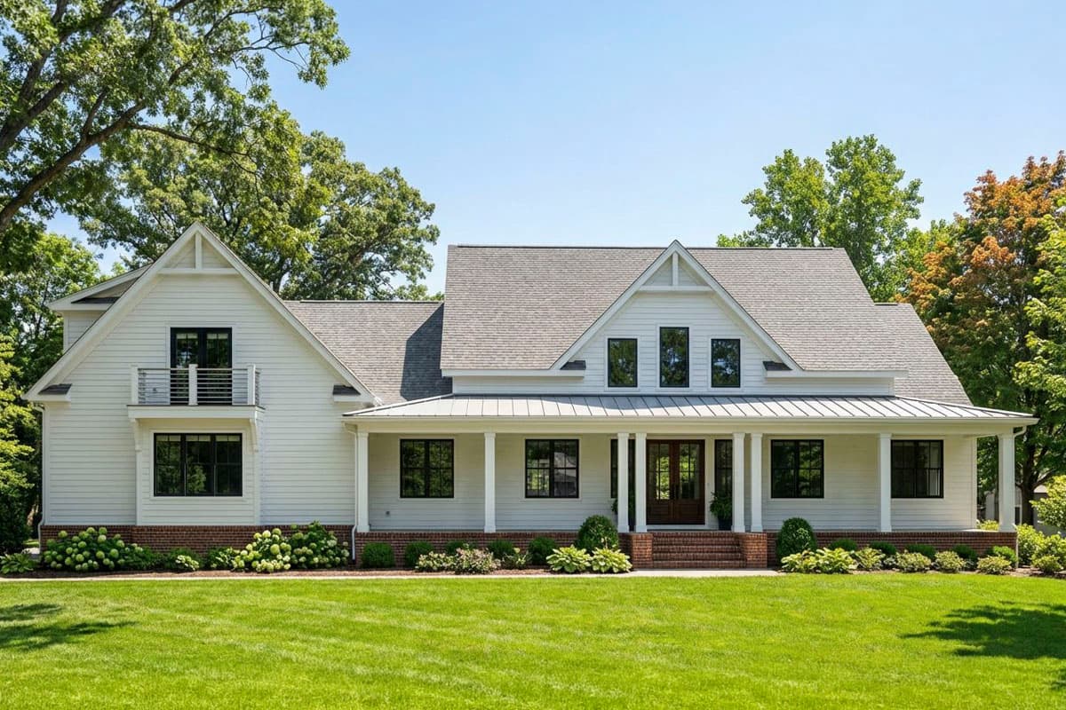 Modern Farmhouse house plan exterior with wrap-around porch, gables, dormers, and second-story balcony.