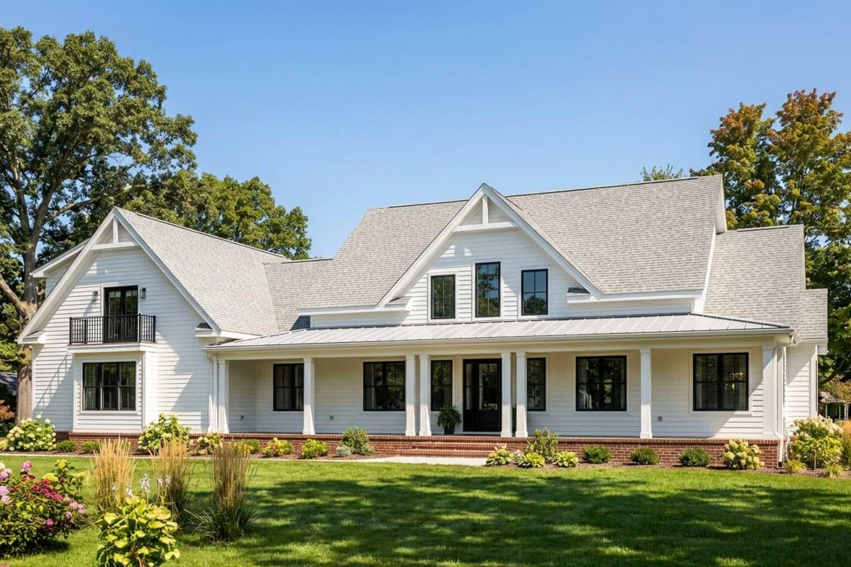 Modern farmhouse exterior with wraparound porch, gables, and balcony. House plan.