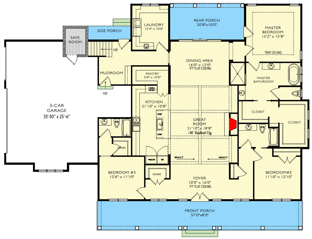 Plan 29917LDG: 3-Bed Country Craftsman House Plan With U-Shaped Kitchen - 2790 Sq Ft - Floor Plan - Main Level - Country, Craftsman, Modern Farmhouse, New American, Ranch, Traditional
