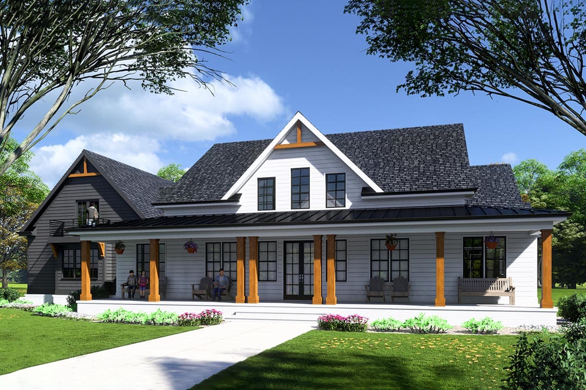 House plan exterior. Modern farmhouse style with a two-story main section. Features include a large covered porch, gables, and a dark roofline.